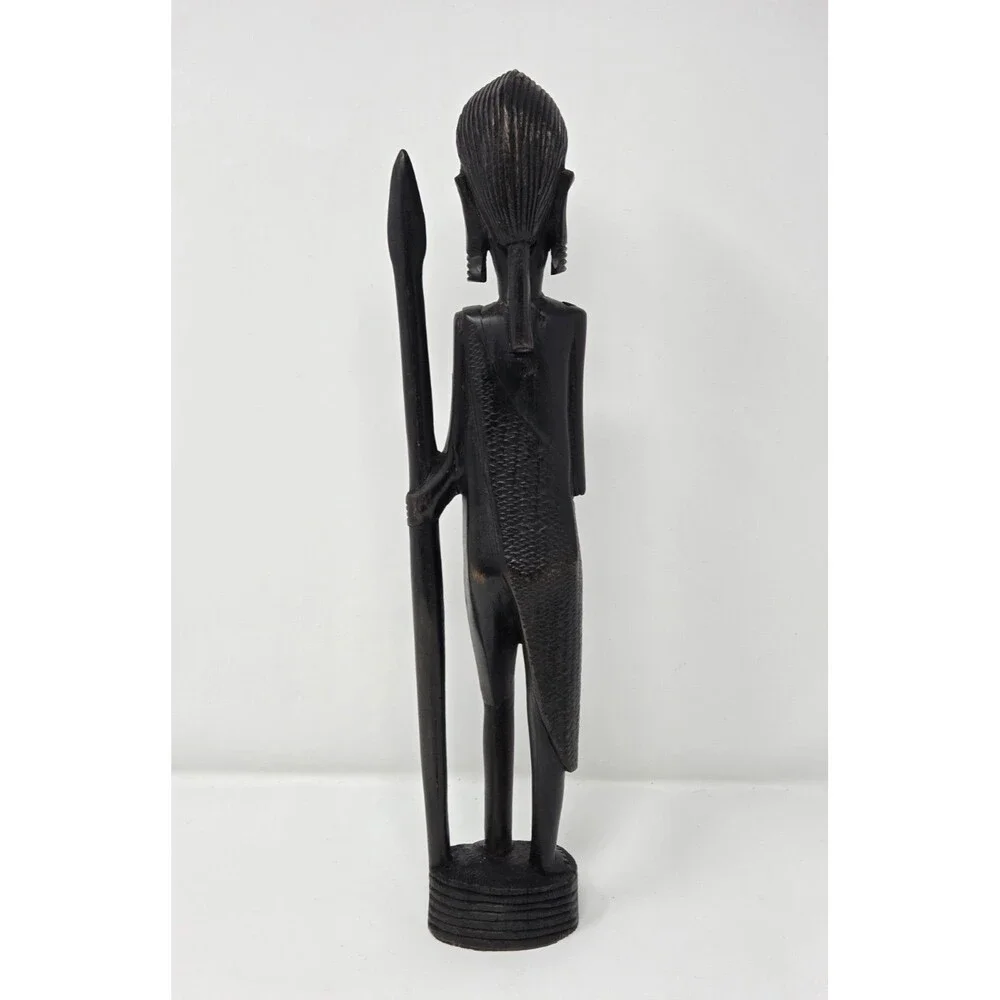Vintage Hand Carved African Warrior Statue Figure w/ Spear‎ Wood Tribal Art 14